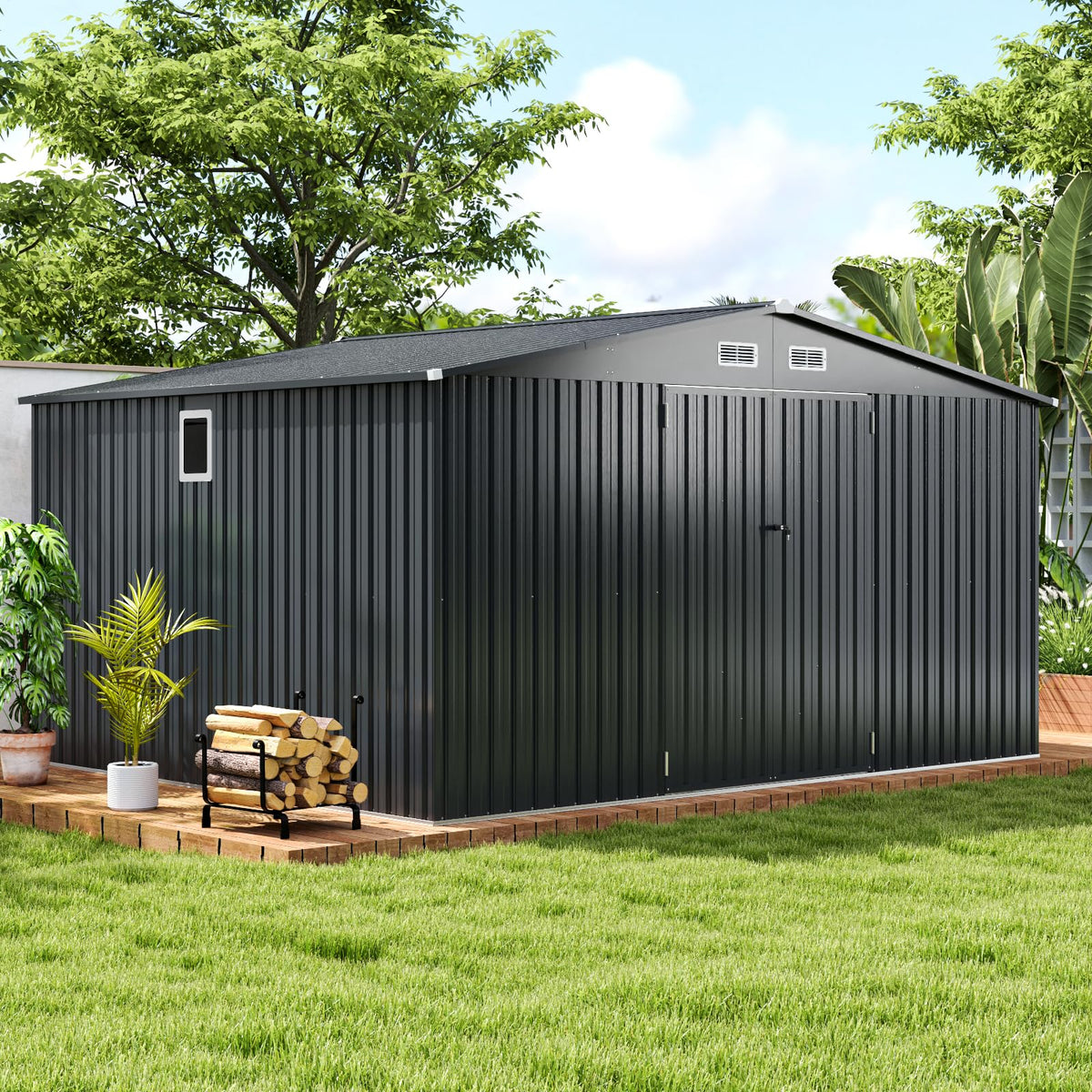 12 x 9.8 FT All-Weather Outdoor Storage Shed, Rustproof Galvanized Metal Utility Tool Shed w/Lockable Door, Pitched Roof, Windows