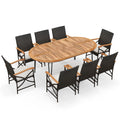 Tangkula 9 Pieces Patio Rattan Dining Set, Outdoor Oval Acacia Wood Dining Table and 8 Patio Wicker Armchairs Set with Umbrella Hole