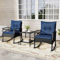 3 Piece Rattan Patio Rocking Bistro Set, Outdoor Wicker Rockers with Cushions & 2-Tier Tempered Glass Coffee Table for Porch, Balcony, Backyard
