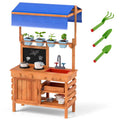 Kids Mud Kitchen Playset, Fir Wood Outdoor Play Kitchen Kids Potting Bench Mud Table with Adjustable Canopy, Sink, 4 Pots, Blackboard