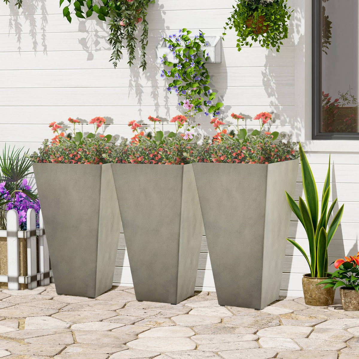 Outsunny 28" Tall Plastic Flower Pot, Set of 3, Large Outdoor & Indoor Plastic Garden Planters, for Entryway, Patio, Yard - Grey