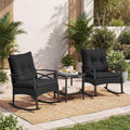 3 Piece Rattan Patio Rocking Bistro Set, Outdoor Wicker Rockers with Cushions & 2-Tier Tempered Glass Coffee Table for Porch, Balcony, Backyard