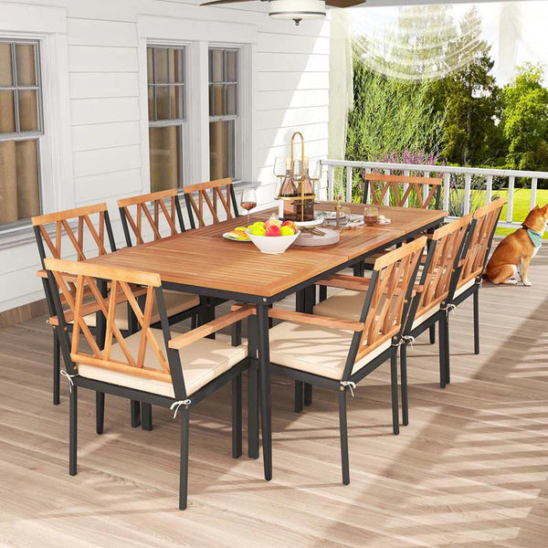 9-Piece Acacia Wood Patio Dining Furniture Set, 79" Rectangle Dining Table with 1.9" Umbrella Hole & 8 Wooden Armchairs