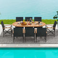 Tangkula 9 Pieces Patio Rattan Dining Set, Outdoor Oval Acacia Wood Dining Table and 8 Patio Wicker Armchairs Set with Umbrella Hole