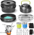 16pcs Camping Cookware Set with Folding Camping Stove, Non - Stick Lightweight Pot Pan Kettle Set with Stainless Steel Cups Plates Forks Knives Spoons for Camping Backpacking Outdoor Picnic