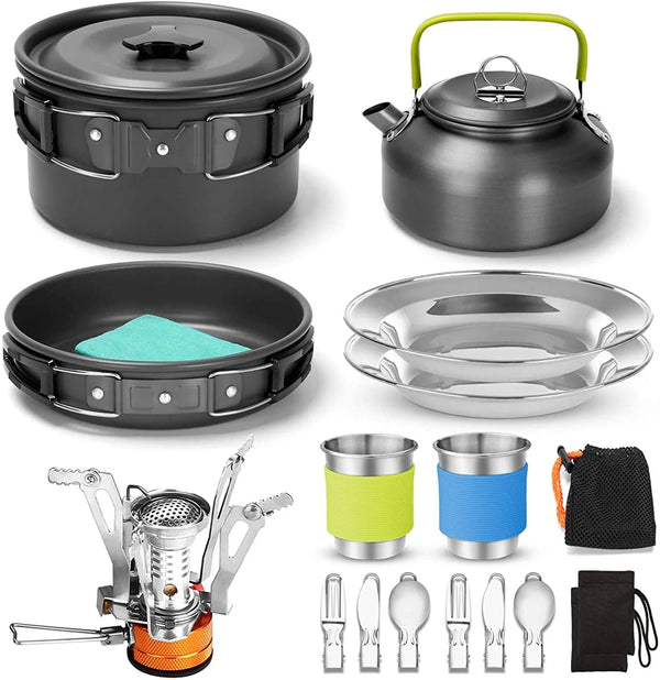16pcs Camping Cookware Set with Folding Camping Stove, Non - Stick Lightweight Pot Pan Kettle Set with Stainless Steel Cups Plates Forks Knives Spoons for Camping Backpacking Outdoor Picnic