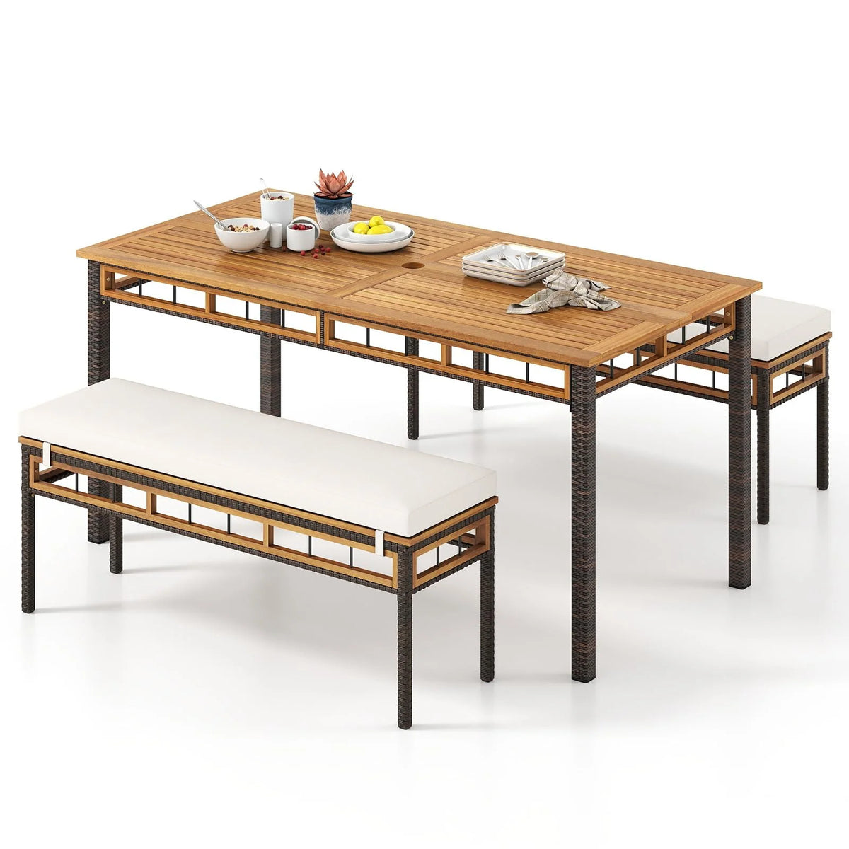 Tangkula 3 Pieces Wood Patio Dining Set