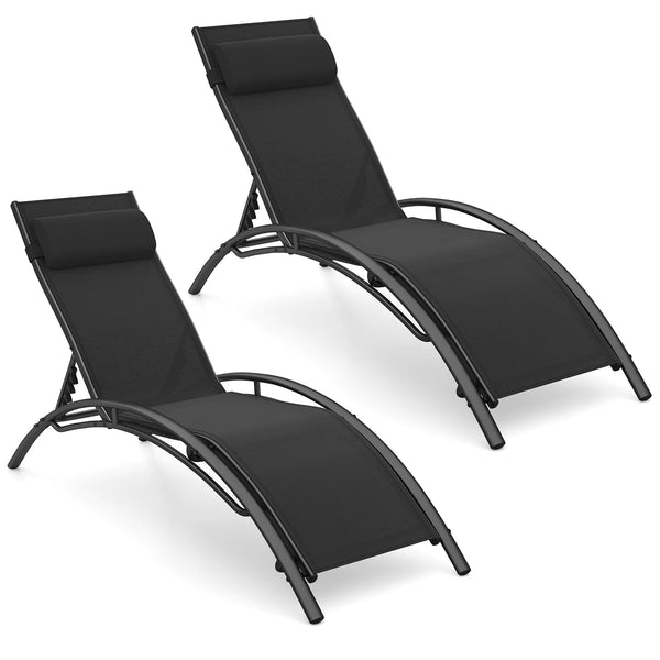 Tangkula Patio Chaise Lounges with 5-Position Backrest-Black