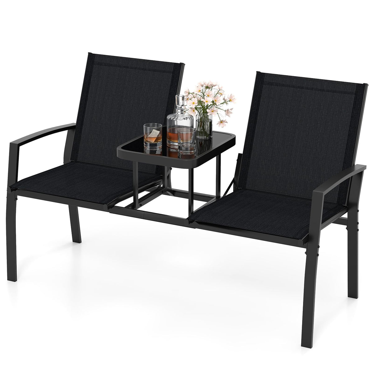 Tangkula Patio Loveseat with Built-in Table with Breathable Fabric Back