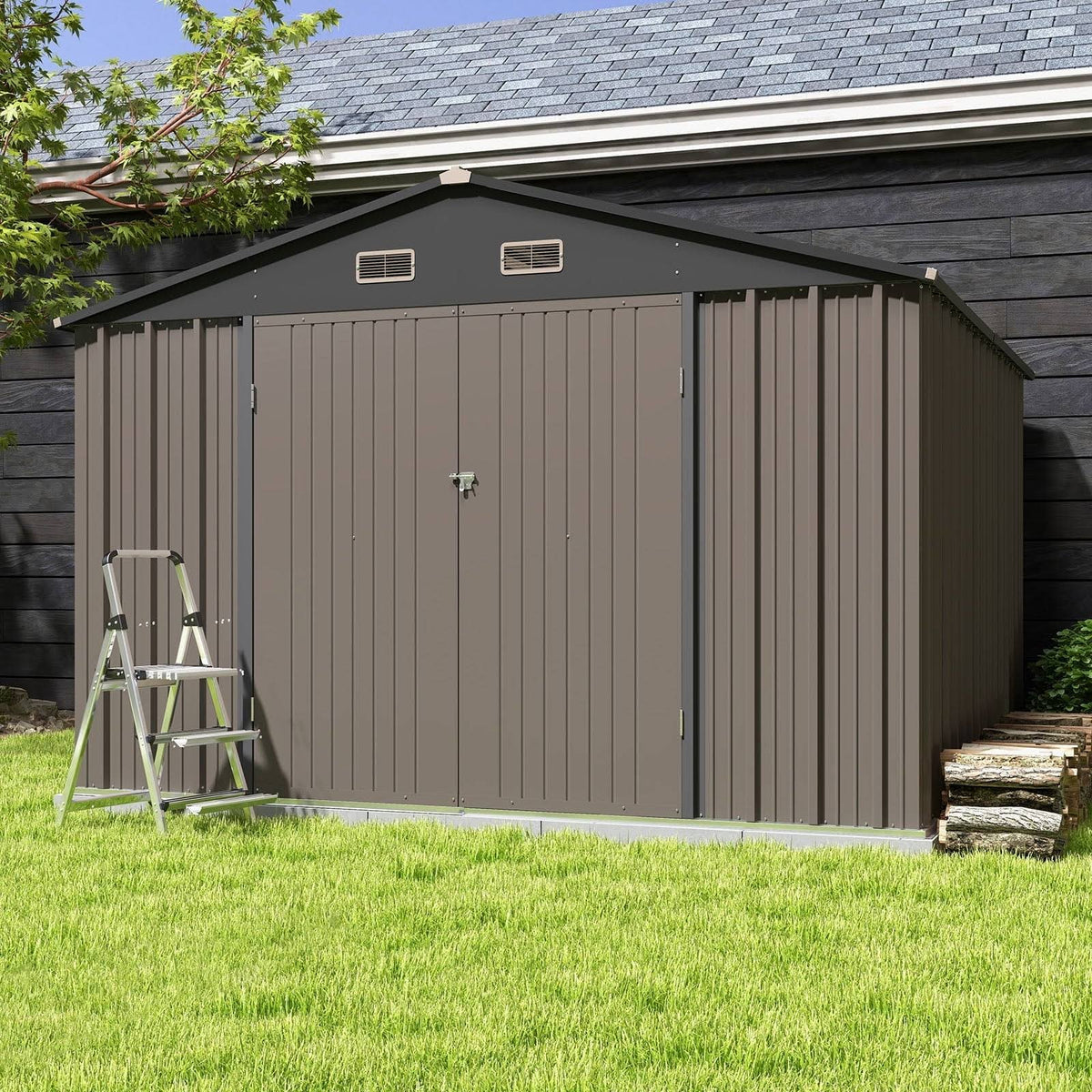 Patiowell Size Upgrade 10 x 10 ft Outdoor Storage Metal Shed with Slop