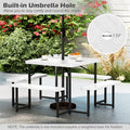 4-8 Person Outdoor Picnic Table Bench Set, All-Weather HDPE Square Dining Table with Umbrella Hole, 4 Benches & Metal Frame for Patio Backyard