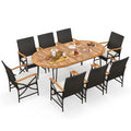 Tangkula 9 Pieces Patio Rattan Dining Set, Outdoor Oval Acacia Wood Dining Table and 8 Patio Wicker Armchairs Set with Umbrella Hole