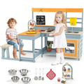 2-in-1 Mud Kitchen & Kids Picnic Table Built-in Bench, Fir Wood Outdoor Play Kitchen Playset with Blackboard, Sink & Cooking Accessories for Ages 3+