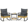 3 Piece Rattan Patio Rocking Bistro Set, Outdoor Wicker Rockers with Cushions & 2-Tier Tempered Glass Coffee Table for Porch, Balcony, Backyard