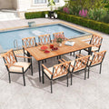 9-Piece Acacia Wood Patio Dining Furniture Set, 79" Rectangle Dining Table with 1.9" Umbrella Hole & 8 Wooden Armchairs