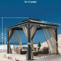 10x10 Hardtop Gazebo with double metal roof, aluminum frame, net, and curtain. All-weather, ideal for patio, deck, garden, backyard. Khaki.
