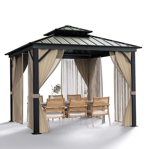 10x10 Hardtop Gazebo with double metal roof, aluminum frame, net, and curtain. All-weather, ideal for patio, deck, garden, backyard. Khaki.