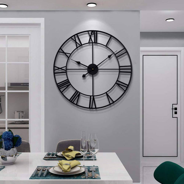 LEIKE Large Modern Metal Wall Clocks 40cm Round Silent Non Ticking Outdoor Black Roman Numeral Clocks for Living Room,Kitchen,Bedroom Wall Clock
