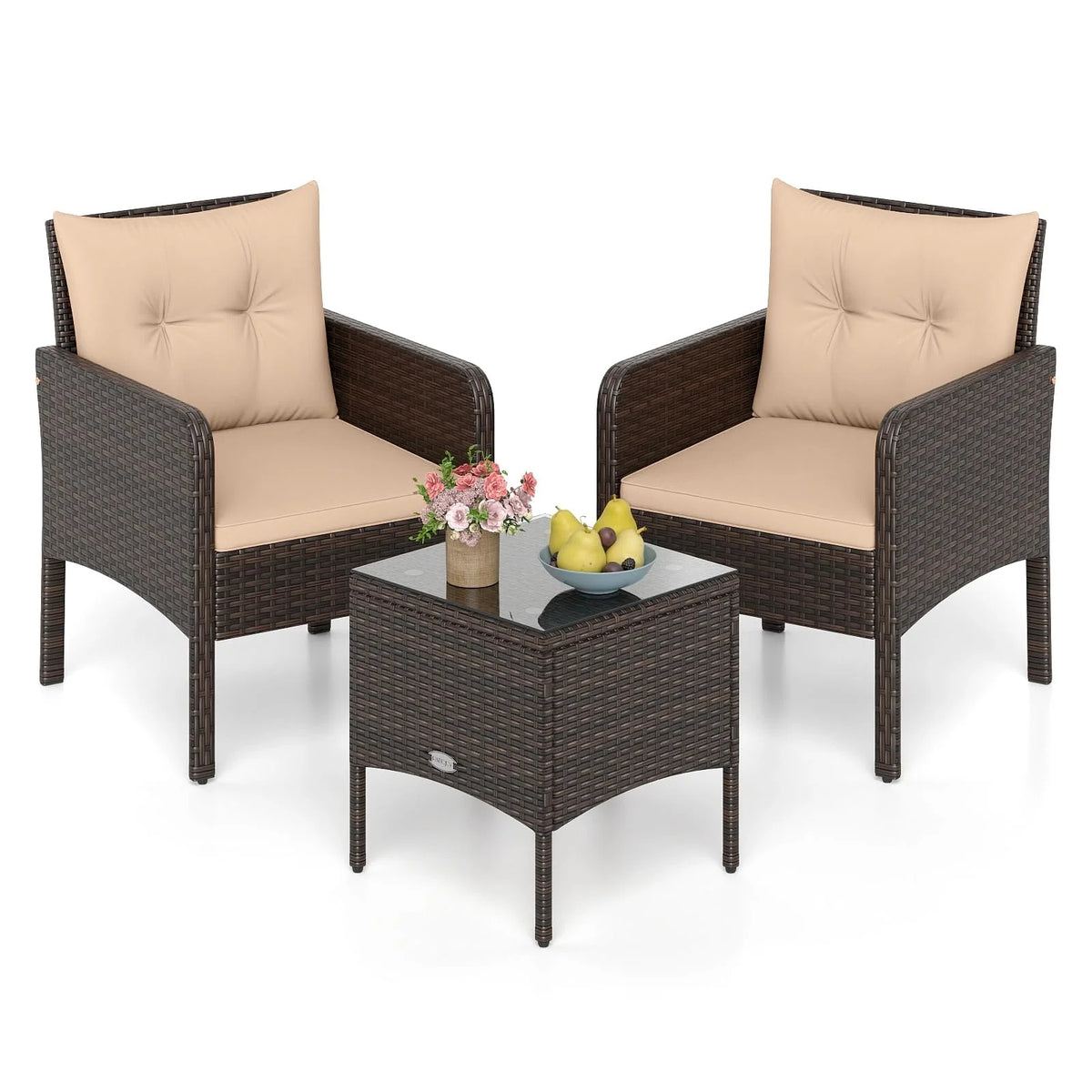 Tangkula 3 Piece Patio Bistro Set Rattan Wicker Outdoor Conversation Set with Cushions and Coffee Table
