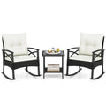 3 Piece Rattan Patio Rocking Bistro Set, Outdoor Wicker Rockers with Cushions & 2-Tier Tempered Glass Coffee Table for Porch, Balcony, Backyard