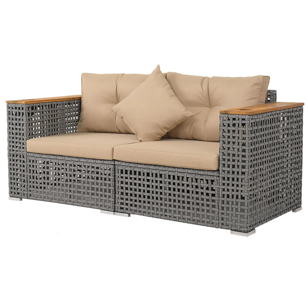 Tangkula 62.5" Large Patio Wicker Loveseat with Acacia Wood Armrests & Cup Holders