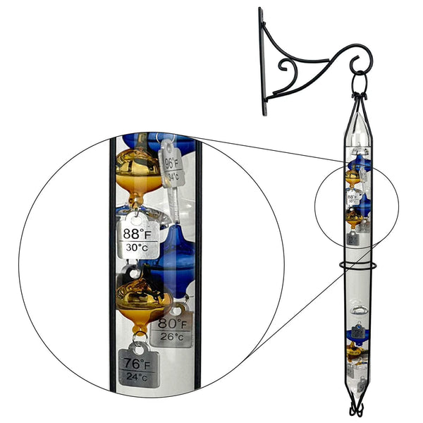 Glassic Gifts Outdoor Hanging Galileo Thermometer, Colored Glass Orbs with Free Bracket