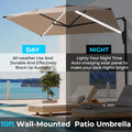 AECOJOY 10FT Large Patio Umbrella with Solar Lights, Rectangle Wall Mounted Outdoor Patio Umbrella, Beige