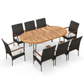 Tangkula 9 Pieces Patio Rattan Dining Set, Outdoor Oval Acacia Wood Dining Table and Wicker Armchairs Set with Umbrella Hole