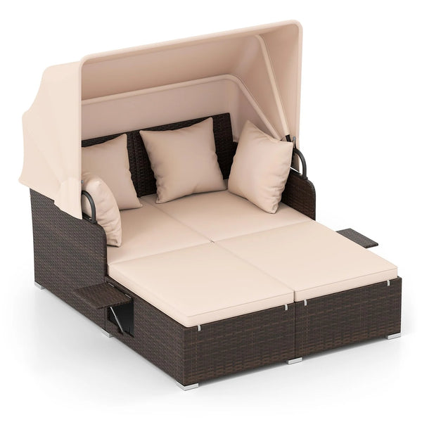 Tangkula Patio Rattan Daybed with Retractable Canopy