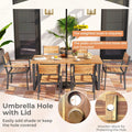 7 Pcs Metal Frame Outdoor Patio Dining Set - 69" Rectangular Acacia Wood Table with 6 Stackable Chairs, 2" Umbrella Hole