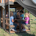 Backyard Discovery Canyon Creek Cedar Wood Swing Set with Wave Slide. Clubhouse. Play Kitchen. Picnic Area. Belt Swings. Web Swing. Rock Wall. Balconies. Playhouse. Step Ladder. Outdoor Playset