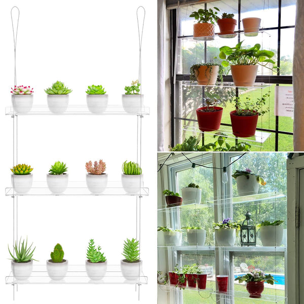 OtNiap Clear Hanging Window Plant Shelves,Indoor Windows Wall Hanging Plant Stand Flower Display,Flower Pot Organizer Storage for Windo, Green