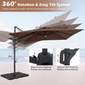 10 FT Cantilever Patio Umbrella with 32 Solar LED Lights, 360° Rotation & Easy Tilt, Square Outdoor Offset Hanging Umbrella with Cross Base