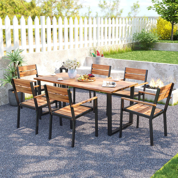7 Pcs Metal Frame Outdoor Patio Dining Set - 69" Rectangular Acacia Wood Table with 6 Stackable Chairs, 2" Umbrella Hole