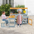 2-in-1 Mud Kitchen & Kids Picnic Table Built-in Bench, Fir Wood Outdoor Play Kitchen Playset with Blackboard, Sink & Cooking Accessories for Ages 3+