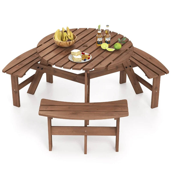 6-Person Round Wood Picnic Table Set with 3 Built-in Benches & 2" Umbrella Hole, Holds 1850 LBS, Outdoor Dining Table & Bench for Patio Garden