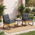 3 Piece Rattan Patio Rocking Bistro Set, Outdoor Wicker Rockers with Cushions & 2-Tier Tempered Glass Coffee Table for Porch, Balcony, Backyard