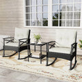 3 Piece Rattan Patio Rocking Bistro Set, Outdoor Wicker Rockers with Cushions & 2-Tier Tempered Glass Coffee Table for Porch, Balcony, Backyard