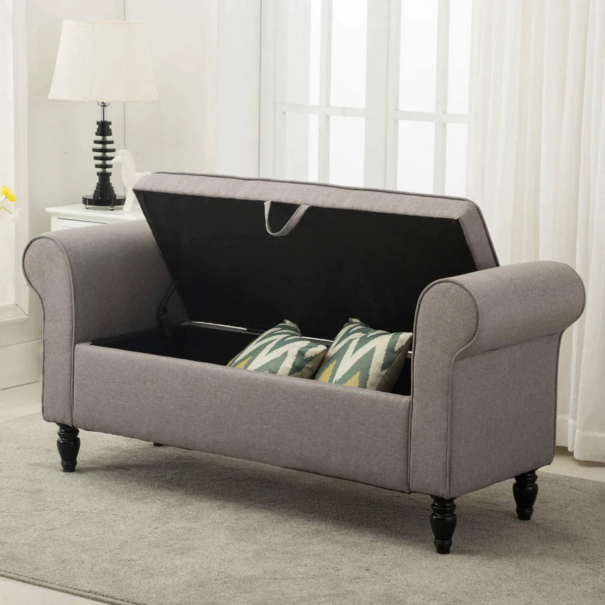 Andeworld Storage Bench with Arms Upholstered Bench Settee for Bedroom Living Room Gray