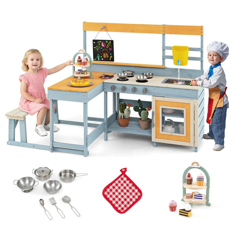 2-in-1 Mud Kitchen & Kids Picnic Table Built-in Bench, Fir Wood Outdoor Play Kitchen Playset with Blackboard, Sink & Cooking Accessories for Ages 3+