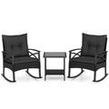 3 Piece Rattan Patio Rocking Bistro Set, Outdoor Wicker Rockers with Cushions & 2-Tier Tempered Glass Coffee Table for Porch, Balcony, Backyard