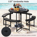 8 Person Round Outdoor Picnic Table Bench Set with Umbrella Hole, All-Weather HDPE Tabletop & Metal Frame for Patio Garden Yard