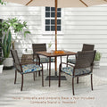 5 Pieces Patio Dining Set, 4 Cushioned Rattan Armchairs & Square Table with Wood-Plastic Tabletop & Umbrella Hole