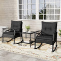 3 Piece Rattan Patio Rocking Bistro Set, Outdoor Wicker Rockers with Cushions & 2-Tier Tempered Glass Coffee Table for Porch, Balcony, Backyard