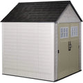 Rubbermaid 77 Ft Durable Weather Resistant Resin Outdoor Garden Storage Shed with Windows and Utility Hooks, Sand