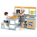 2-in-1 Mud Kitchen & Kids Picnic Table Built-in Bench, Fir Wood Outdoor Play Kitchen Playset with Blackboard, Sink & Cooking Accessories for Ages 3+