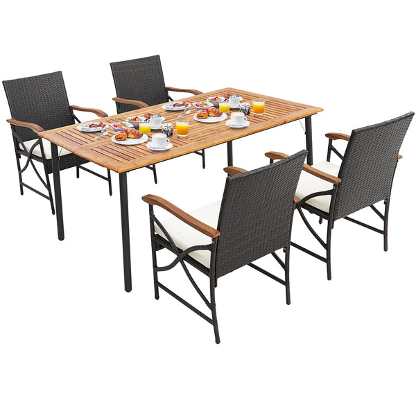 Tangkula 5 Pieces Outdoor Dining Set with Acacia Wood Table & 4 Wicker Rattan Armrest Chairs