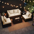 Tangkula 7 Pieces Wicker Patio Furniture Set with 40,000 BTU Gas Fire Pit Table & Propane Tank Cover Table & Glass Top Coffee Table
