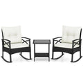 3 Piece Rattan Patio Rocking Bistro Set, Outdoor Wicker Rockers with Cushions & 2-Tier Tempered Glass Coffee Table for Porch, Balcony, Backyard