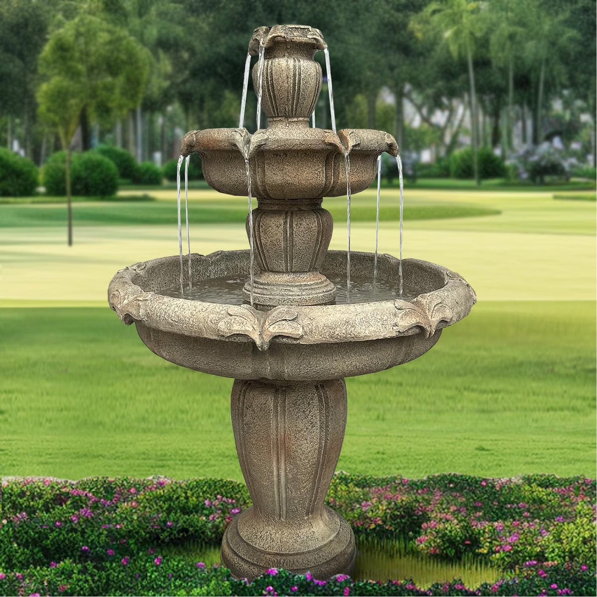 48�?h Outdoor Floor Water Fountain, 3 - Tiers Concrete Water Fountain with Submersible Electric Pump - Garden Cascading Waterfall for Yard Patio Lawn Home Decor